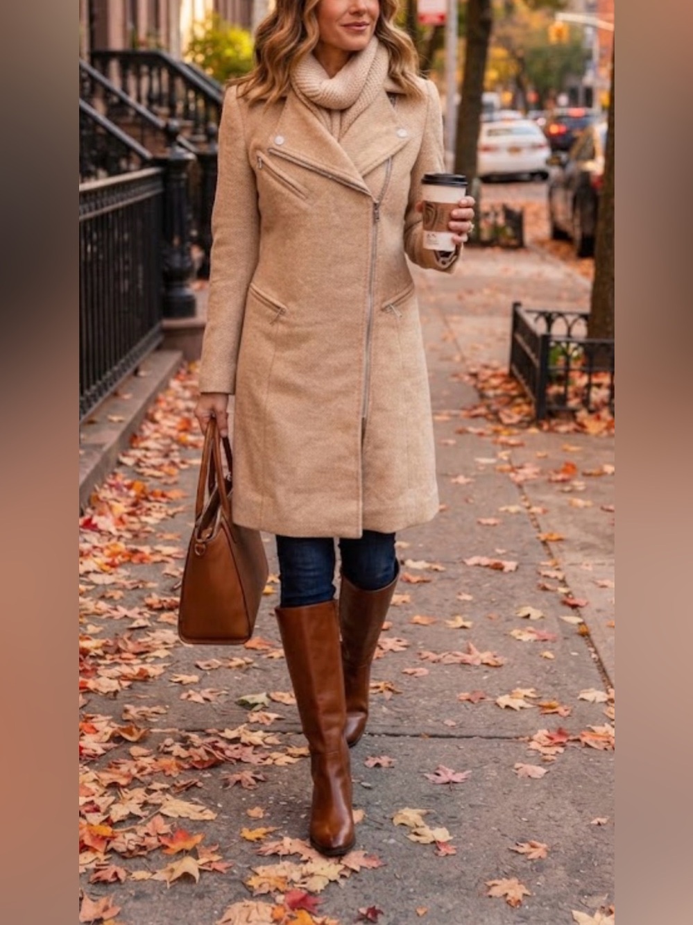 Avec Les Filles Wool-Blend Twill Wheat/Ivory Asymmetrical Zip Coat XSmall